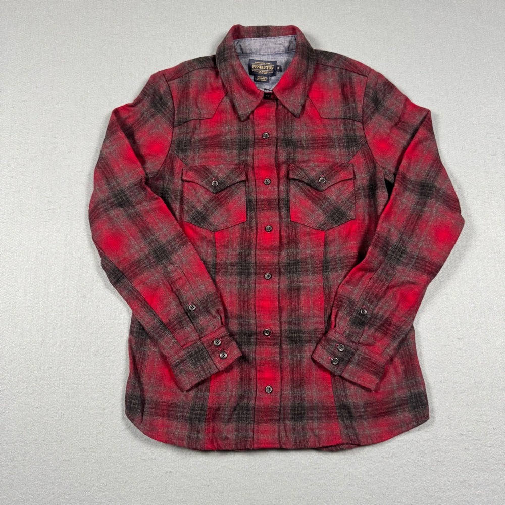 Pendleton‎ Womens Red Black Plaid Wool Western Flannel Shirt Small USA Fabric
